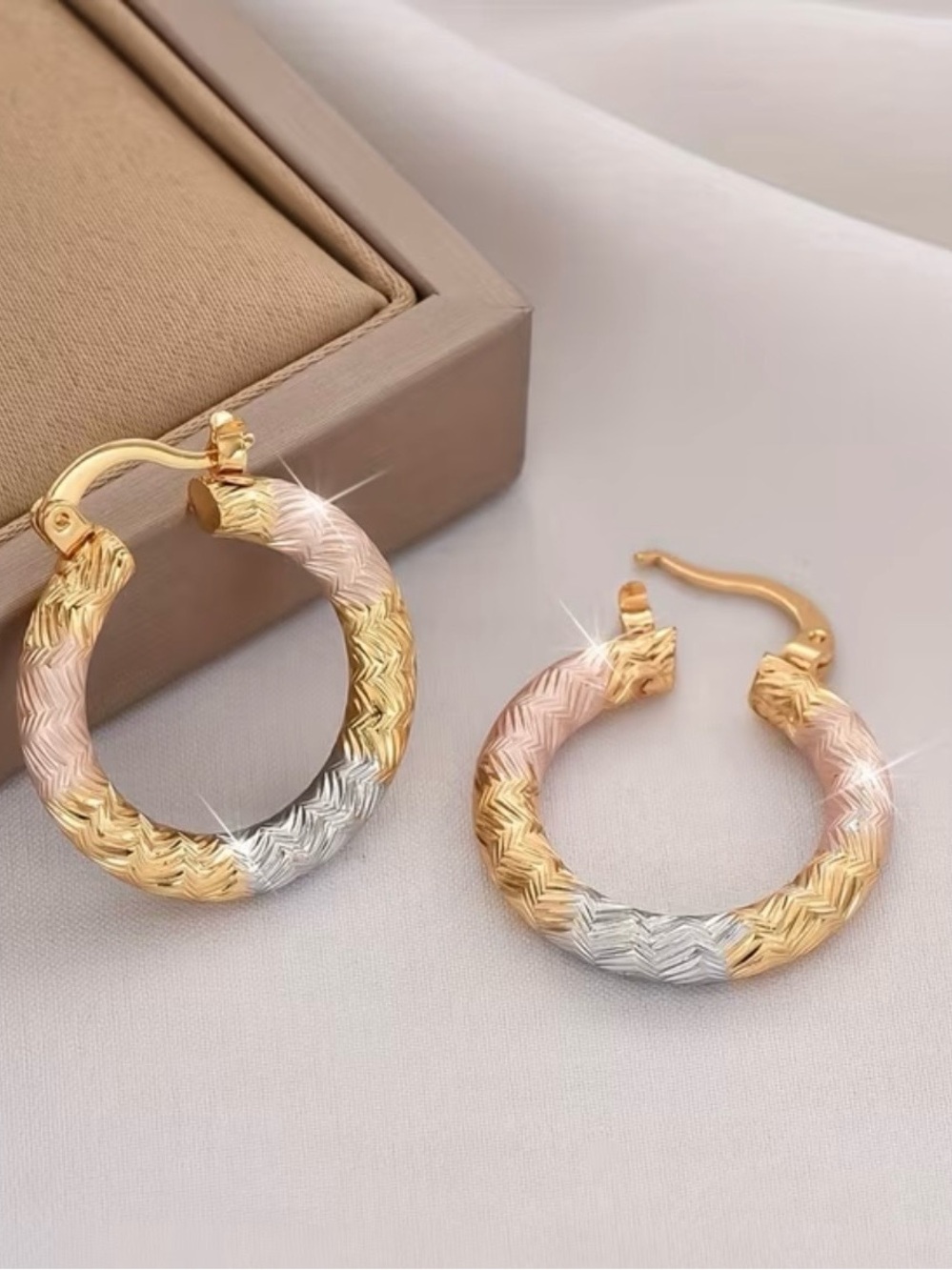 Gold Pink and Silver Tri-Tone Hoop Earrings
